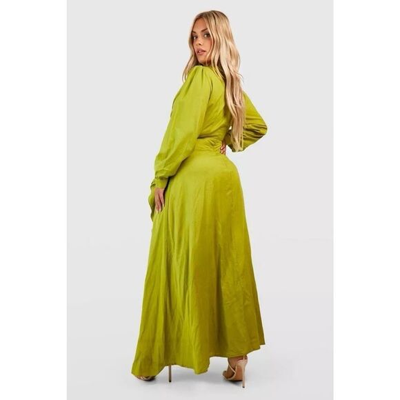 Plus Size Linen Look Olive Cut Out Ruffle Maxi Dress US 20 Long Sleeve Boho - Picture 3 of 16